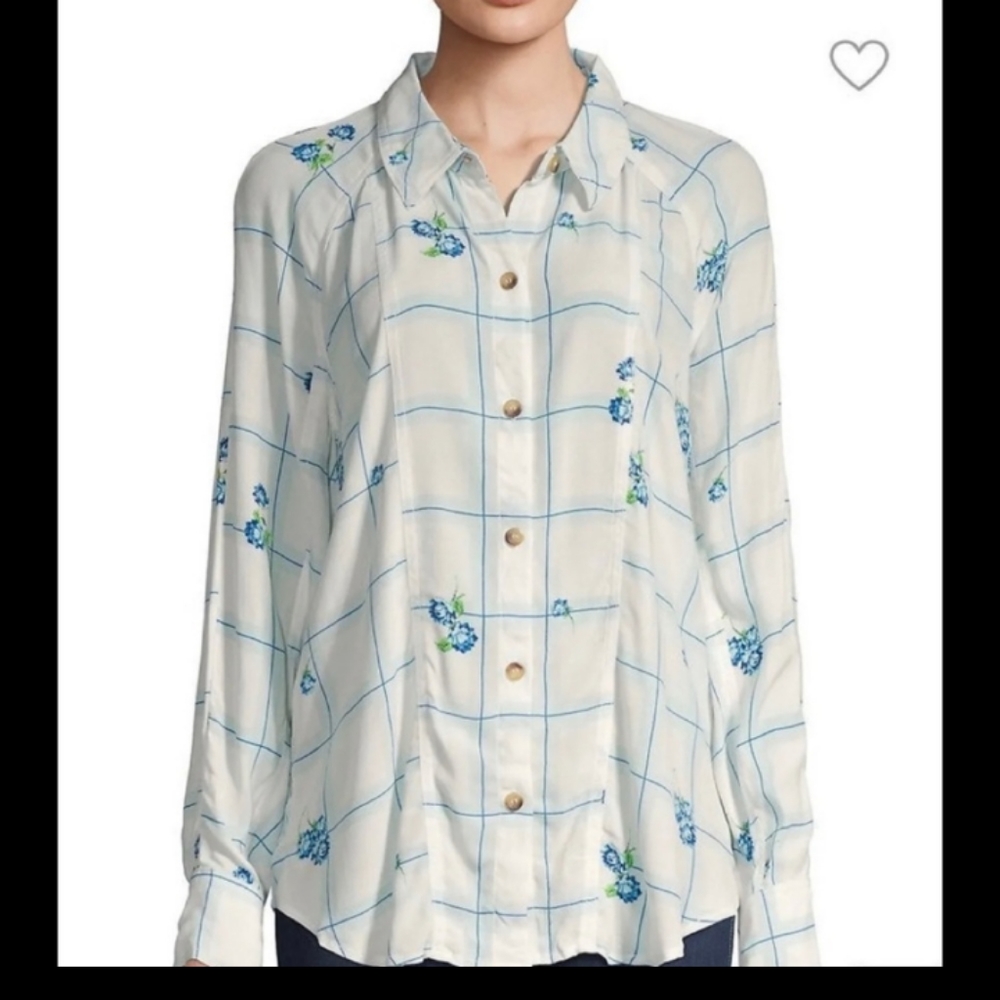 Free People White and Blue 💙 Floral Blouse Size XS